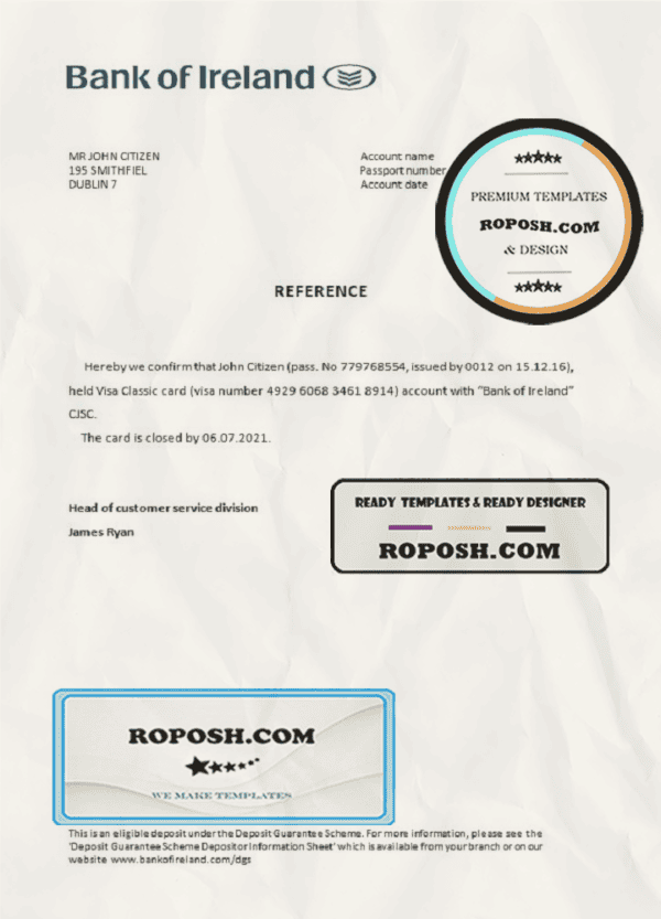 Ireland Bank of Ireland account closure reference letter template in Word and PDF format