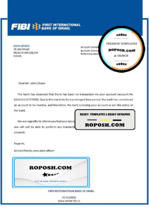Israel First International Bank of Israel bank account closure reference letter template in Word and PDF format