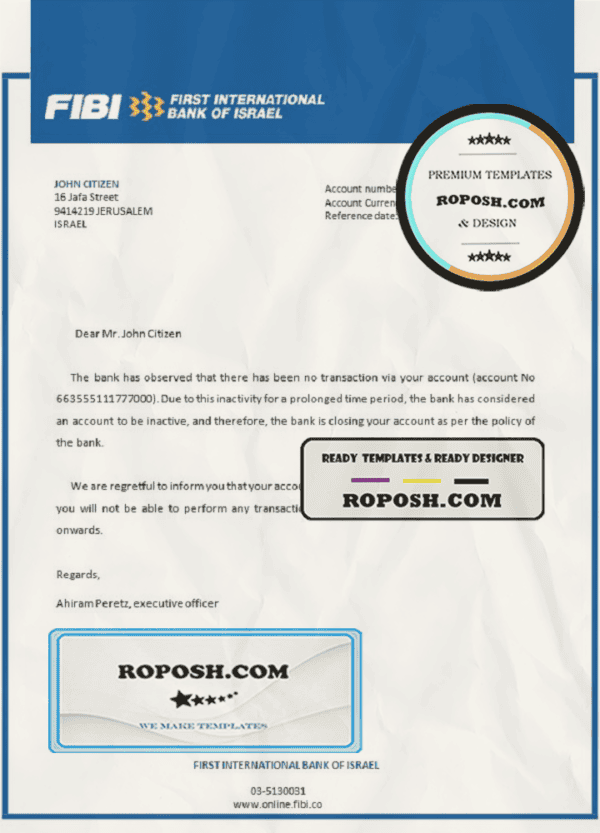 Israel First International Bank of Israel bank account closure reference letter template in Word and PDF format