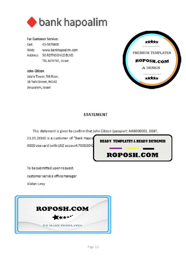 Israel Hapoalim bank account closure reference letter template in Word and PDF format