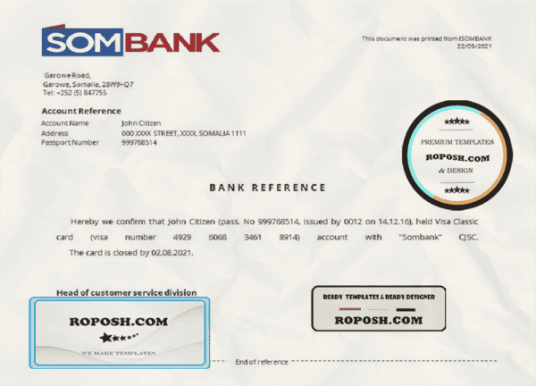 Somalia Sombank bank account closure reference letter template in Word and PDF format
