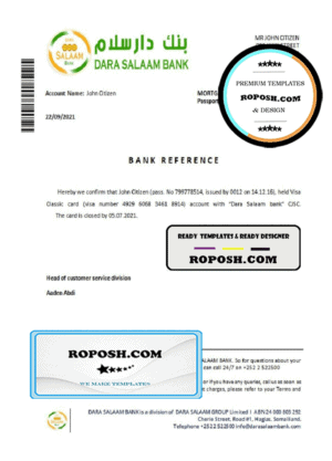 Somalia Dara Salaam Bank bank account closure reference letter template in Word and PDF format