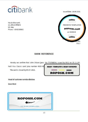Italy Citibank bank account closure reference letter template in Word and PDF format
