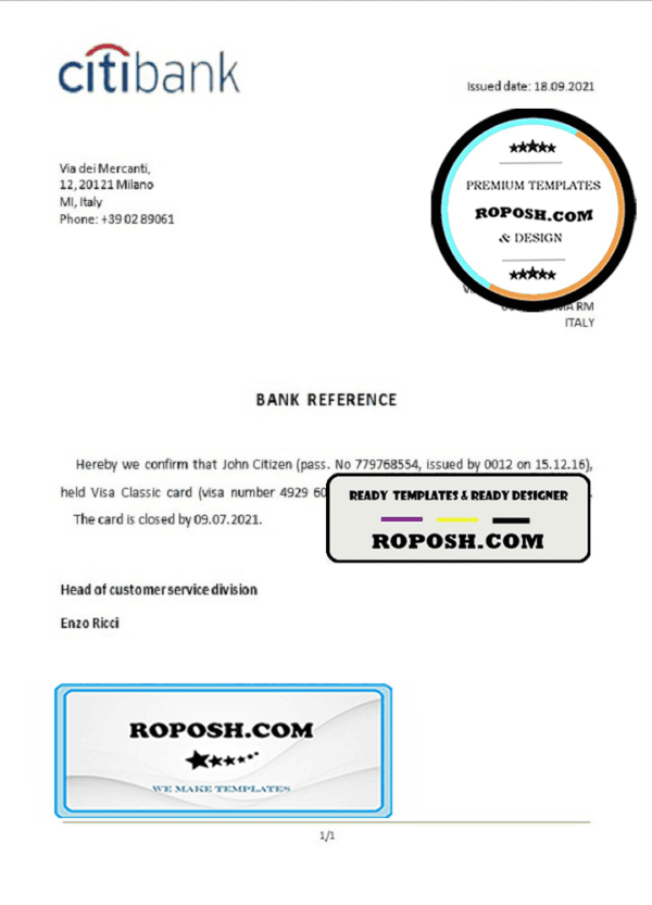 Italy Citibank bank account closure reference letter template in Word and PDF format