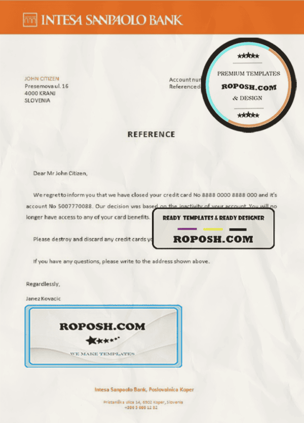 Slovenia Intesa Sanpaolo bank account closure reference letter template in Word and PDF format