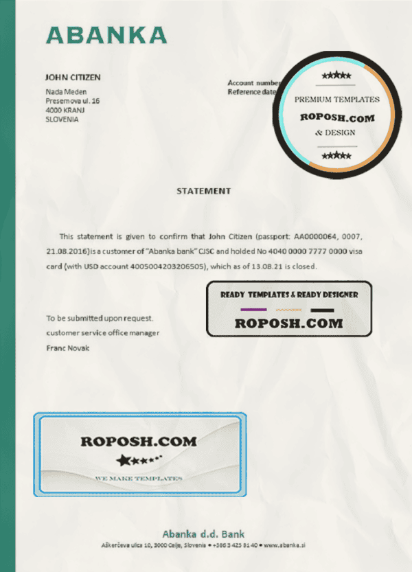 Slovenia Abanka bank account closure reference letter template in Word and PDF format