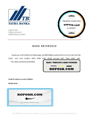 Slovakia Tatra Banka bank account closure reference letter template in Word and PDF format