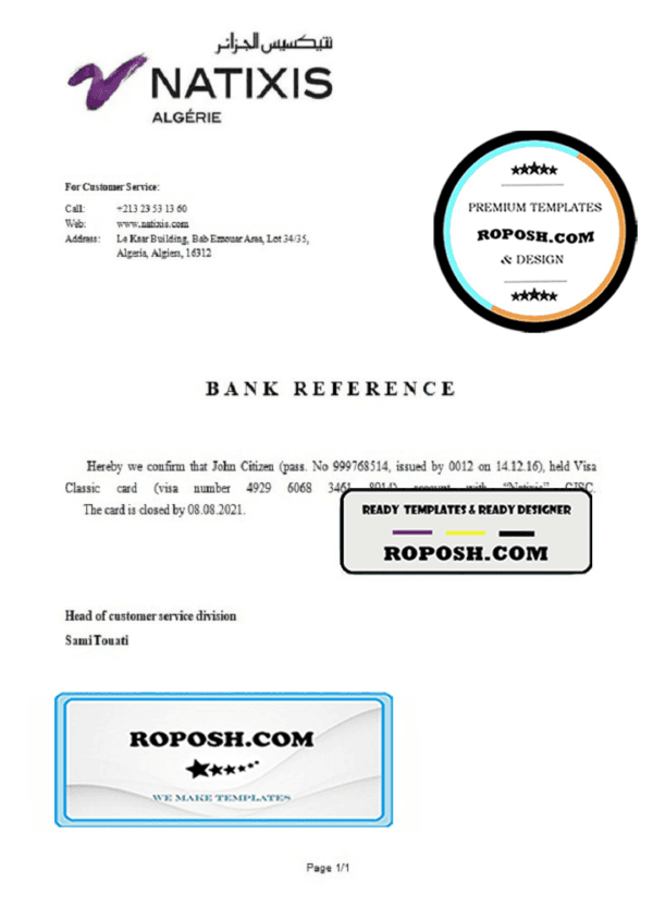 Algeria Natixis Algerie bank account closure reference letter template in Word and PDF format