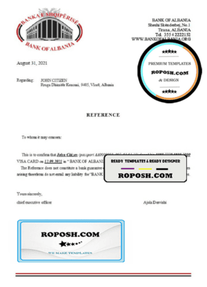 Albania Bank of Albania bank account closure reference letter template in Word and PDF format