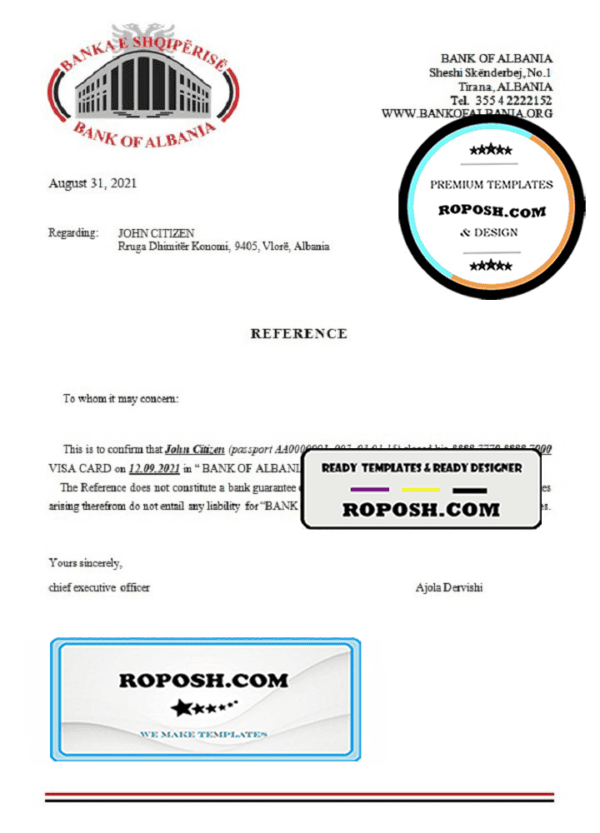 Albania Bank of Albania bank account closure reference letter template in Word and PDF format