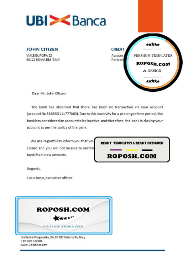 Italy UBI bank account closure reference letter template in Word and PDF format