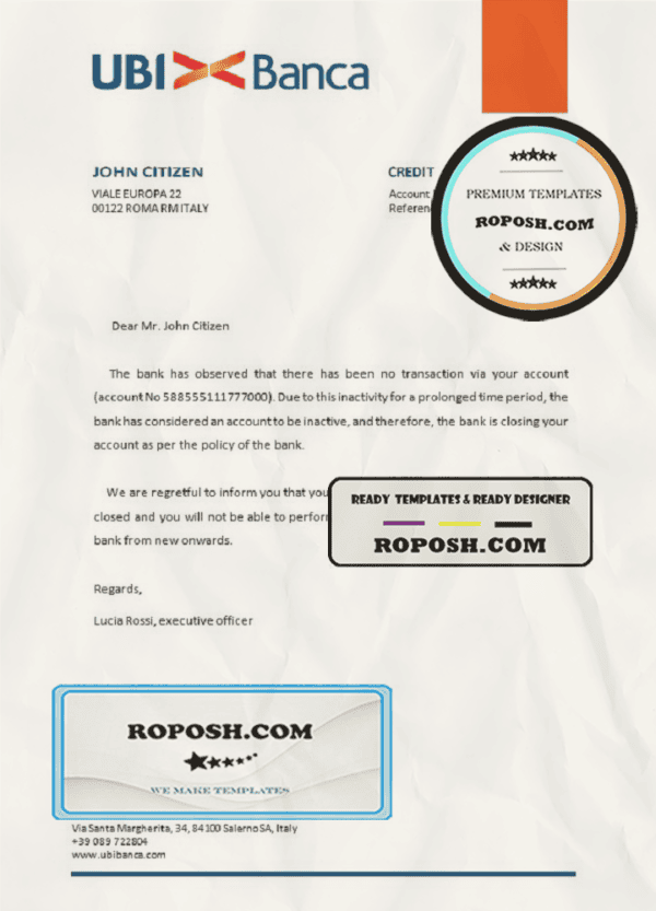 Italy UBI bank account closure reference letter template in Word and PDF format