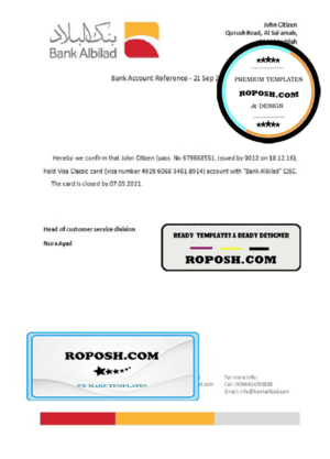 Saudi Arabia Albilad Bank bank account closure reference letter template in Word and PDF format