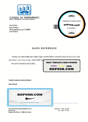 San Marino Cassa di Risparmio bank account closure reference letter template in Word and PDF format