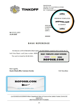 Russia Tinkoff bank account closure reference (USD) letter template in Word and PDF format (in English)