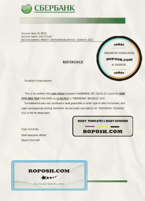 Russia Sberbank bank account closure reference letter template in Word and PDF format