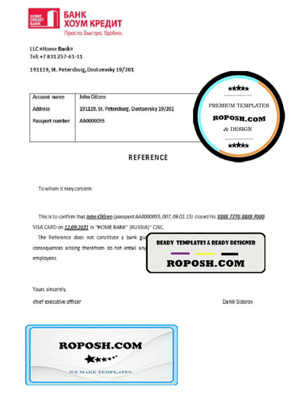 Russia Bank Home Credit bank account closure reference letter template in Word and PDF format