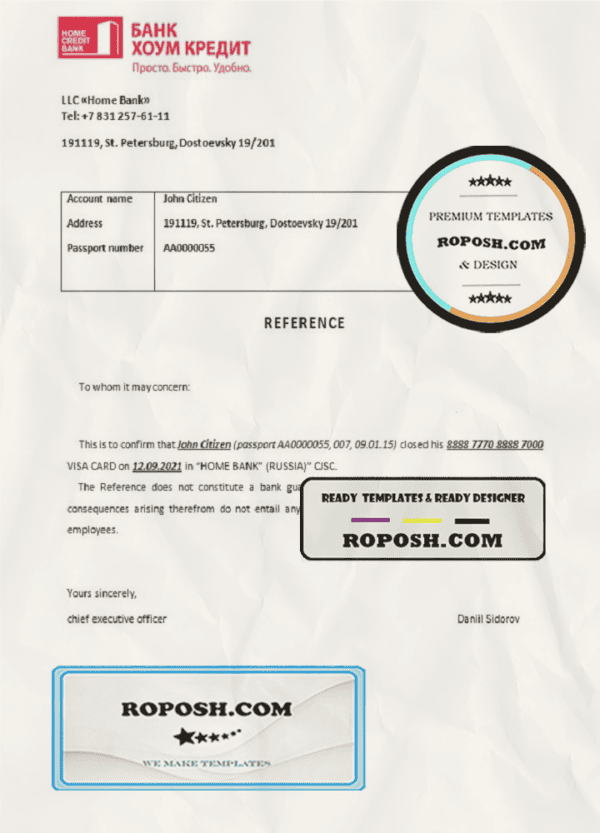 Russia Bank Home Credit bank account closure reference letter template in Word and PDF format