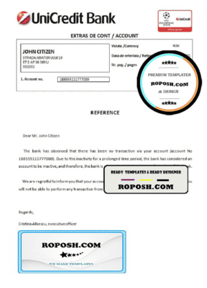 Romania UniCredit Bank bank account closure reference letter template in Word and PDF format