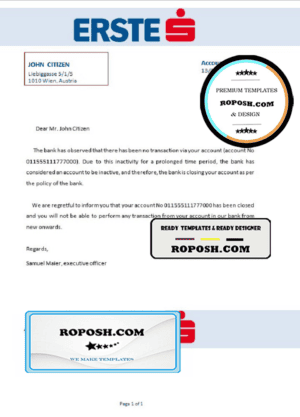 Austria Erste bank account closure reference letter template in Word and PDF format