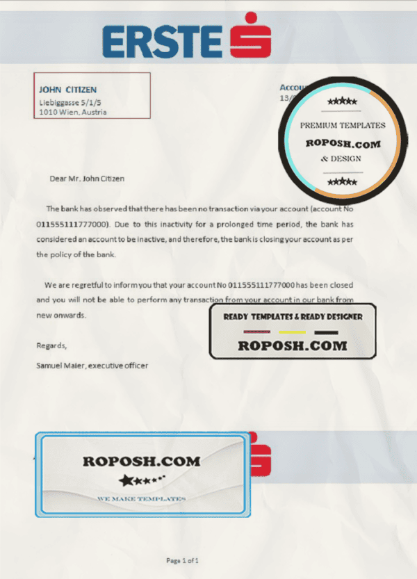 Austria Erste bank account closure reference letter template in Word and PDF format