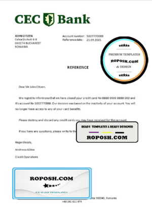Romania CEC Bank bank account closure reference letter template in Word and PDF format