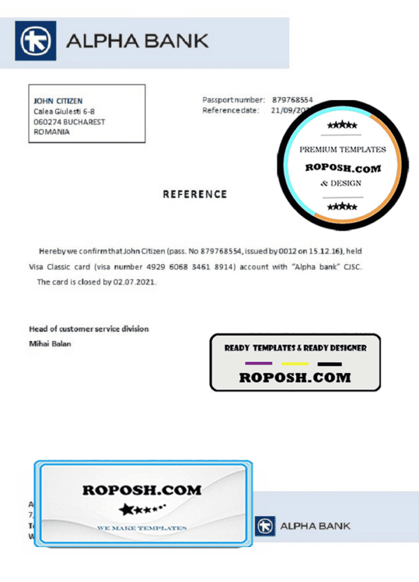 Romania Alpha Bank bank account closure reference letter template in Word and PDF format