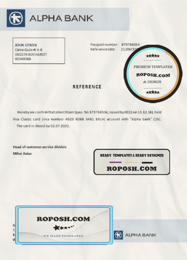 Romania Alpha Bank bank account closure reference letter template in Word and PDF format