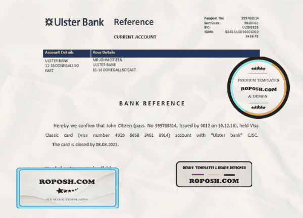 Ireland Ulster Bank bank account closure reference letter template in Word and PDF format