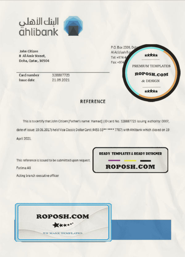 Qatar Ahlibank bank account closure reference letter template in Word and PDF format