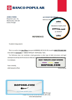 Portugal Banco Popular bank account closure reference letter template in Word and PDF format