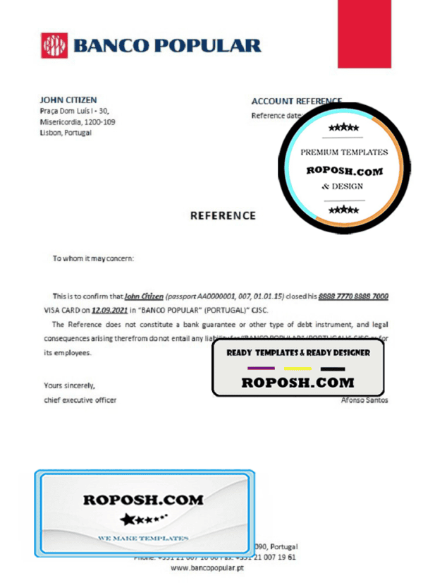 Portugal Banco Popular bank account closure reference letter template in Word and PDF format