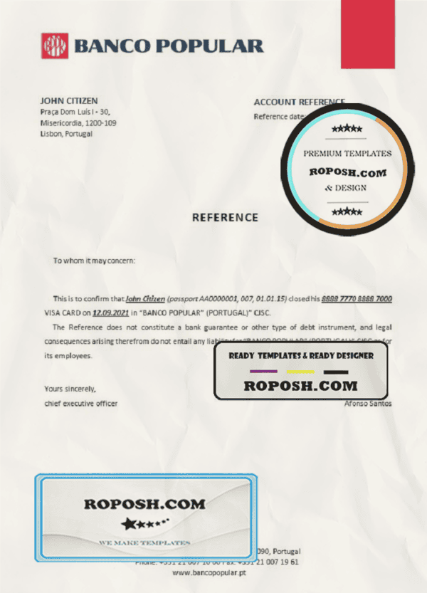 Portugal Banco Popular bank account closure reference letter template in Word and PDF format