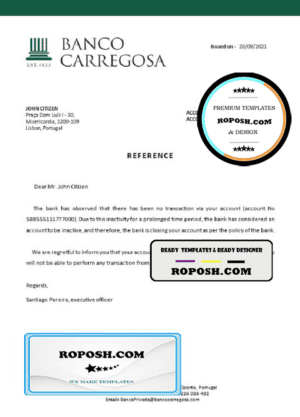 Portugal Banco Carregosa bank account closure reference letter template in Word and PDF format