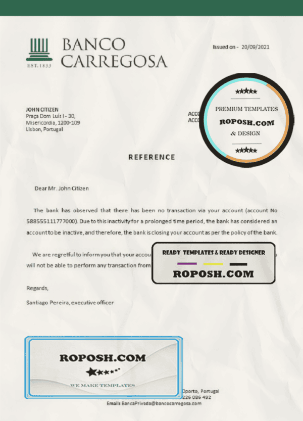 Portugal Banco Carregosa bank account closure reference letter template in Word and PDF format