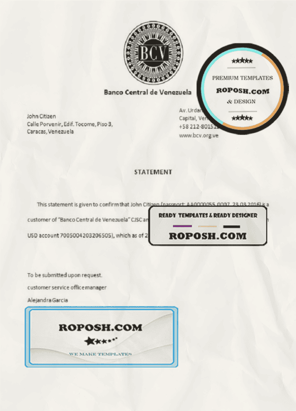Venezuela Banco Central de Venezuela bank account closure reference letter template in Word and PDF format