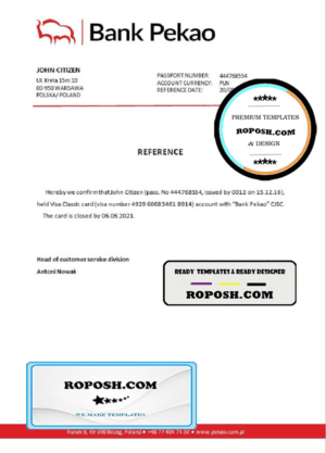 Poland Bank Pekao bank account closure reference letter template in Word and PDF format