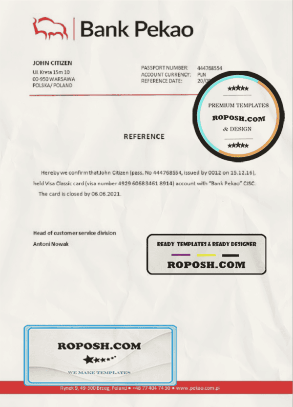 Poland Bank Pekao bank account closure reference letter template in Word and PDF format