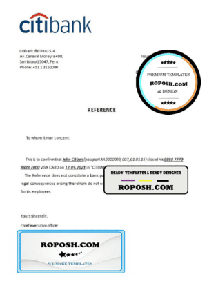 Peru Citibank bank account closure reference letter template in Word and PDF format