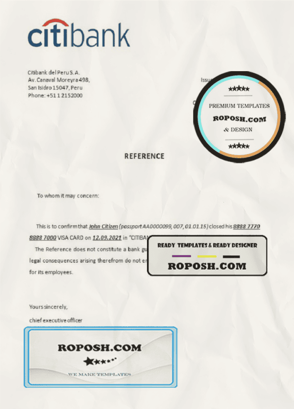 Peru Citibank bank account closure reference letter template in Word and PDF format