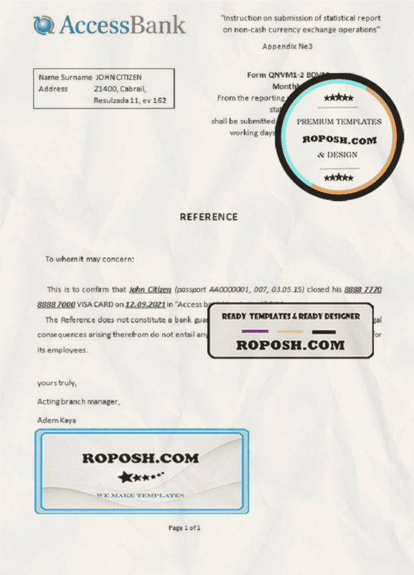 Azerbaijan Access bank account closure reference letter template in Word and PDF format