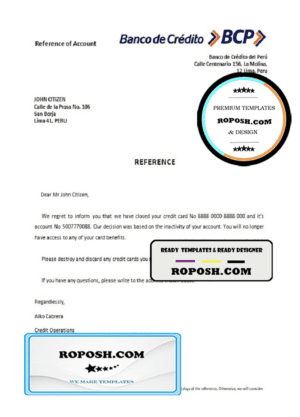 Peru Banco de Credito bank account closure reference letter template in Word and PDF format