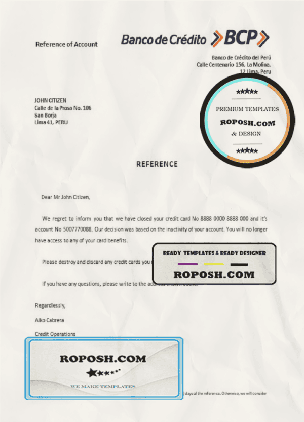 Peru Banco de Credito bank account closure reference letter template in Word and PDF format