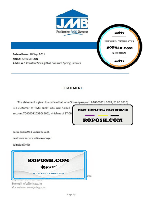 Jamaica Mortgage bank account closure reference letter template in Word and PDF format