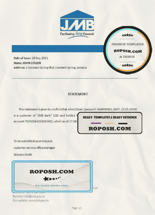 Jamaica Mortgage bank account closure reference letter template in Word and PDF format