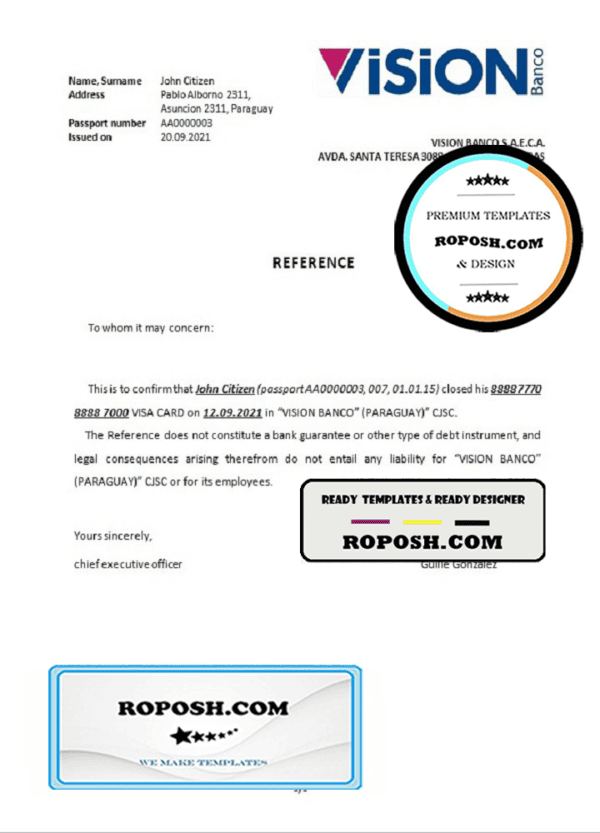 Paraguay Vision Banco bank account closure reference letter template in Word and PDF format