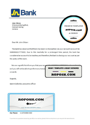 Jamaica National bank account closure reference letter template in Word and PDF format