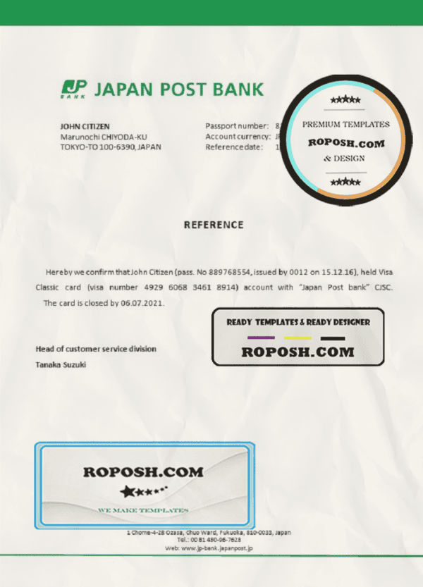 Japan Post bank account closure reference letter template in Word and PDF format