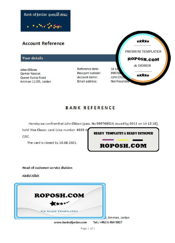 Jordan Bank of Jordan bank account closure reference letter template in Word and PDF format