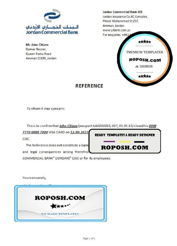 Jordan Commercial bank account closure reference letter template in Word and PDF format